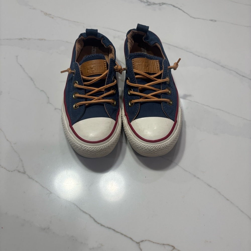 Converse Navy Canvas Low-Top Sneakers with Tan Laces - Picture 3 of 12